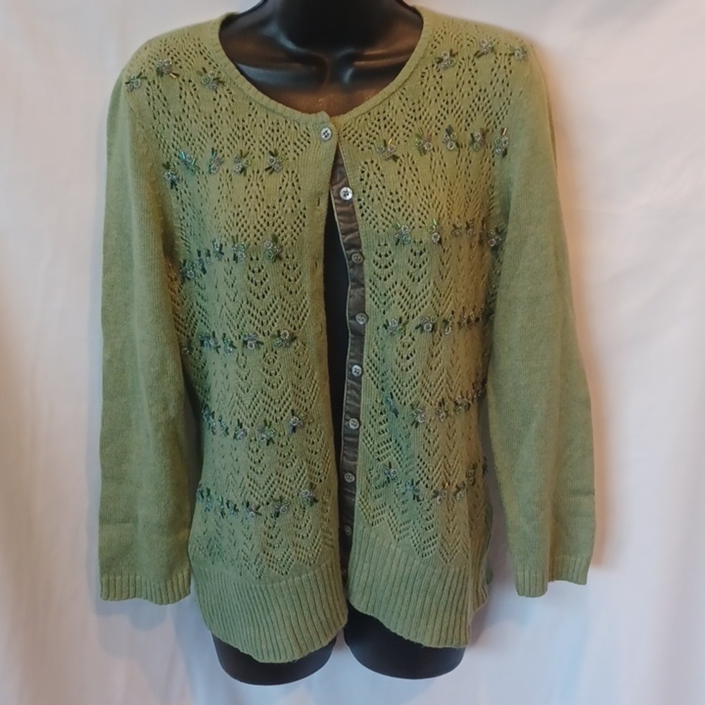 Sigrid Olsen Silk blend green/khaki Sweater!! Like new. Embroidered embellished